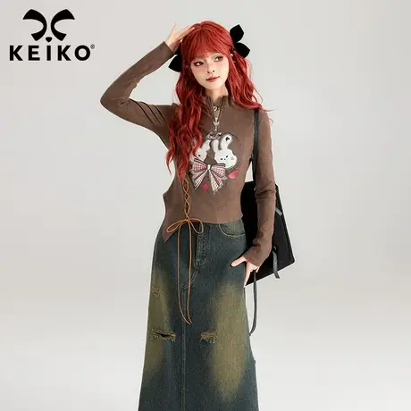 KEIKO 卡通兔兔印花长袖T恤2024春夏甜辣风修身显瘦立领绑带上衣图片