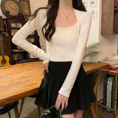 方领德绒打底衫女2023年新款春秋内搭长袖t恤修身显瘦早春上衣服商品大图