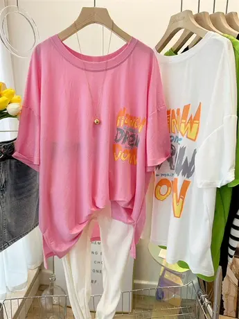 欧货冰棉短袖t恤女ins夏季洋气字母中长款慵懒宽松薄款上衣大码商品大图