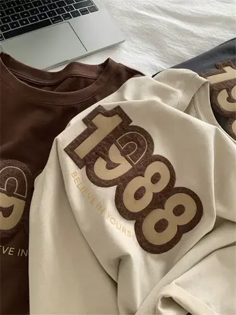 设计感羊毛毡字母T恤女时髦复古圆领短袖春季新款宽松打底上衣潮商品大图