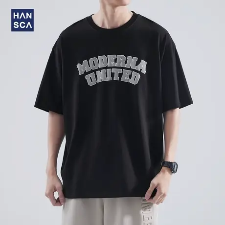 hansca 重磅短袖t恤男宽松纯棉圆领黑色体恤夏季印花休闲半袖上衣商品大图