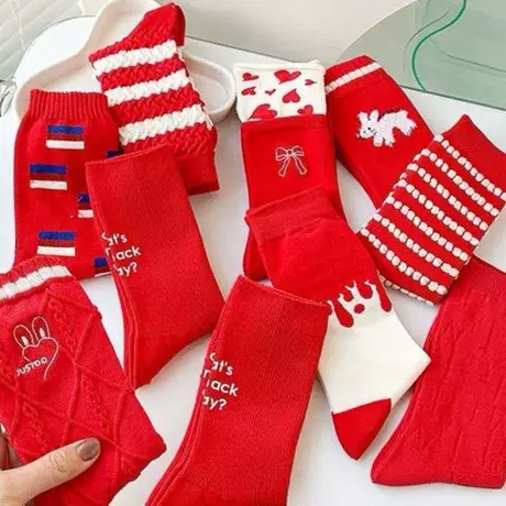 红色袜子女四季款纯棉中筒袜卡通袜子学院风长袜诸暨袜子一件代发商品大图
