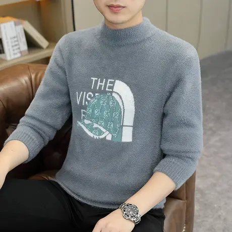 2023秋冬男士长袖毛衣半高领仿貂绒针织衫个性男装潮流帅气上衣服图片