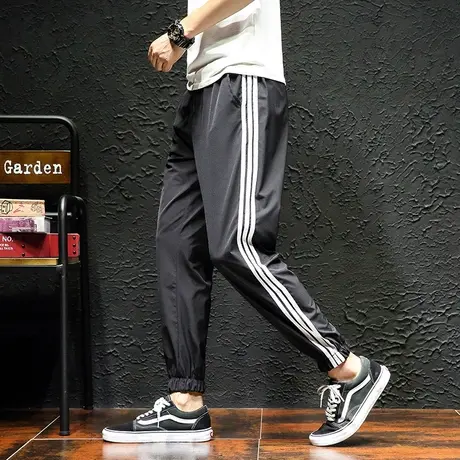 夏季薄款男运动裤宽松韩版潮流哈伦裤三条杠小脚裤子束脚超薄速干商品大图