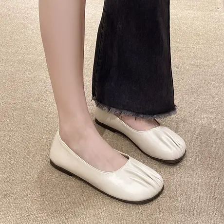 豆豆鞋女春2024新款复古丑萌大头懒人一脚蹬瓢鞋浅口平底褶皱单鞋商品大图
