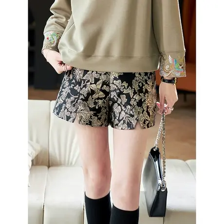 宝诗黎【新品价338元】高腰亮丝提花阔腿短裤ACU1082商品大图