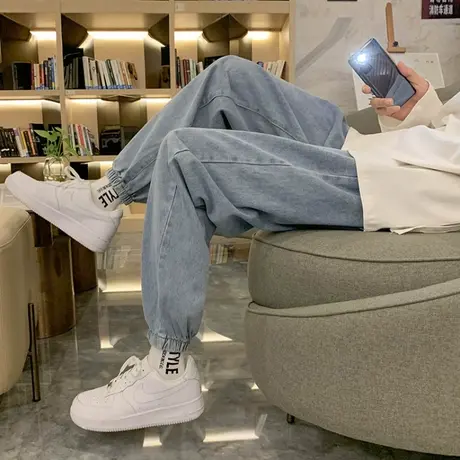 蓝色束脚牛仔裤男秋冬季高街潮牌宽松纯色潮流休闲港风运动长裤子商品大图