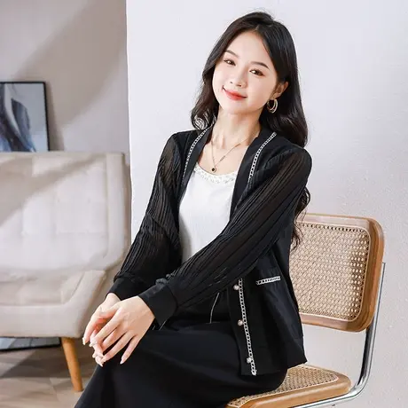 伊自尚大码女装2023早秋季新款时尚百搭胖mmV领开衫针织外套上衣图片