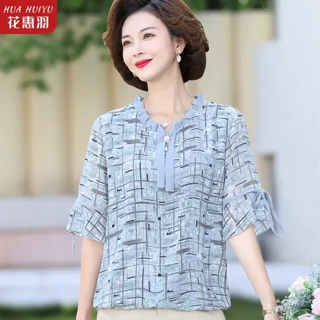 妈妈夏装宽松上衣中老年夏季气质洋气雪纺衫中年女装大码短袖小衫图片