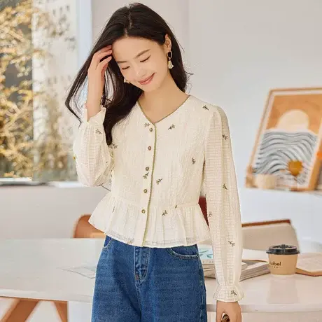 时尚气质碎花长袖衬衫2023年秋新款淑女温柔V领修身显瘦通勤上衣商品大图