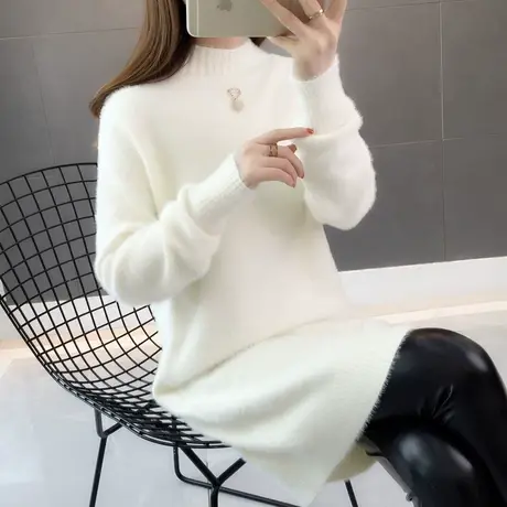 中长款毛衣裙女套头半高领仿水貂绒秋冬新款2020宽松加厚白色过膝图片