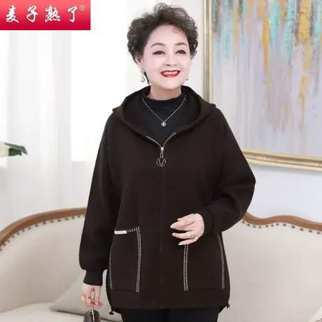 妈妈秋装连帽针织开衫外套中老年女装春秋短款大码洋气厚毛衣上图片