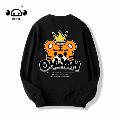 Ohlyah简约国潮牌原创美式中长款卫衣女春秋圆领纯棉黑色宽松上衣商品大图