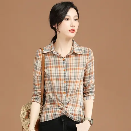 韩潮袭人复古短款格子衬衫女设计感小众2023秋装新款宽松长袖衬衣商品大图