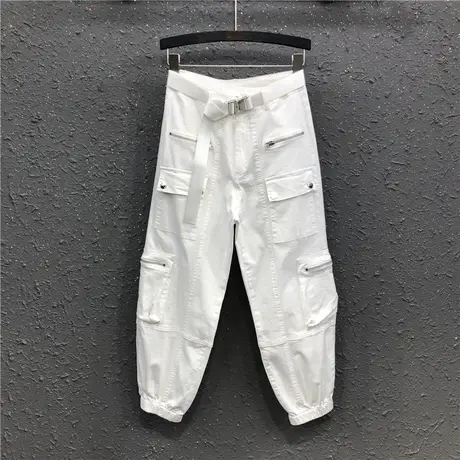 欧货白色休闲八分工装裤女夏季新款酷帅个性多口袋束脚牛仔哈伦裤图片