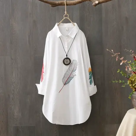 文艺范纯棉羽毛刺绣纯棉套头衬衫女宽松中长款长袖衬衣打底衫上衣图片