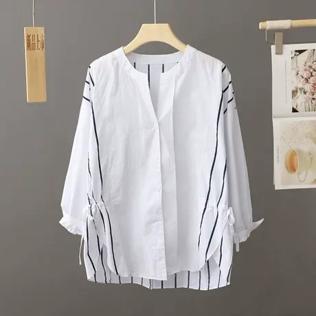 设计感小众白色条纹圆领衬衫女长袖春秋2023新款外搭上衣洋气衬衣图片
