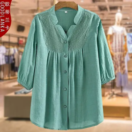 40-50岁中年妈妈夏装衬衣女大码宽松洋气镂空拼接V领女士衬衫上衣商品大图