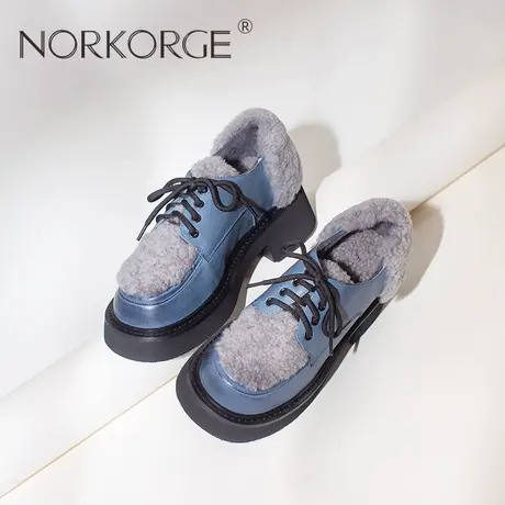 原创新款冬手工复古文艺雾蓝色羊毛系带毛毛鞋真皮保暖小皮鞋2023商品大图