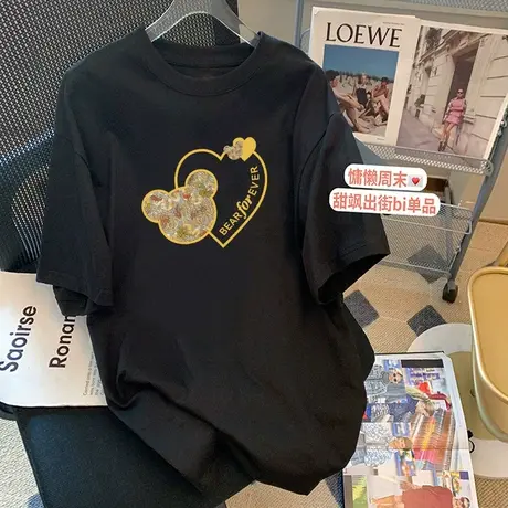 中长款短袖宽松大码纯棉t恤女2022夏装新款韩版休闲百搭学生上衣商品大图