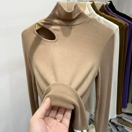 欧货镂空露肩双面磨毛高领长袖T恤女2022秋冬新款内搭打底衫上衣商品大图