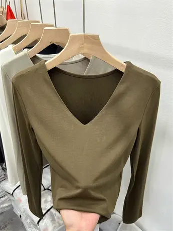 简约V领长袖螺纹修身T恤女2023年早秋新款上衣弹力百搭短款打底衫图片