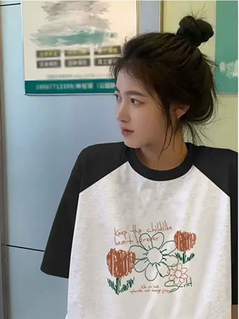 韩系chic拼接撞色插肩袖上衣女2023夏季美式复古短袖t恤国潮正肩图片