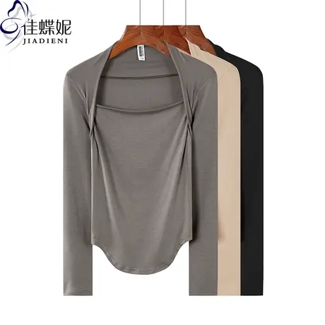 秋季新款韩版包肩领修身纯色纯棉燕尾摆纯欲长袖体恤上衣内搭女装商品大图