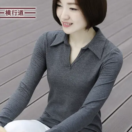 冬装新款有领衬衫领大码女装简约职业装v领长袖t恤带领纯色打底衫商品大图