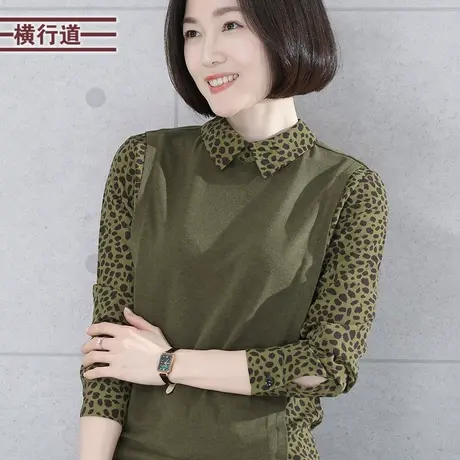 翻领假两件上衣女胖MM中年妈妈长袖T恤女装大码韩版2023新款冬季商品大图