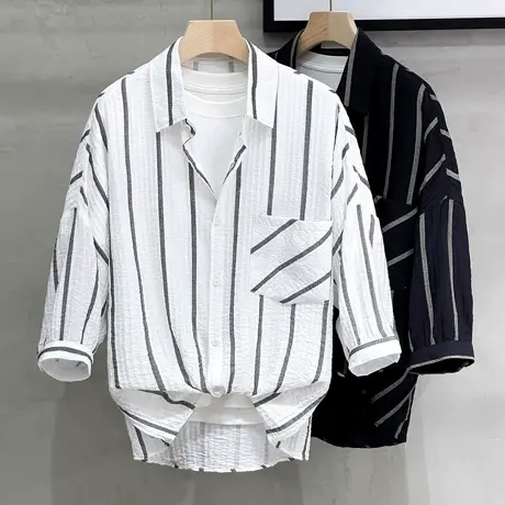 冰丝竖条纹衬衫男短袖夏季潮流ins宽松休闲衬衣日系高级感寸衫男商品大图