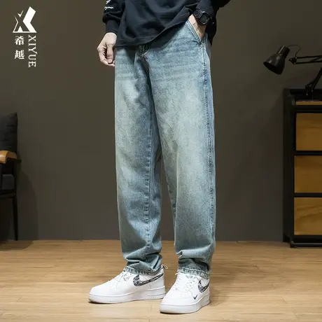 希越重磅石墨原碳牛仔裤男秋季复古直筒长裤宽松大码胖子简约男裤商品大图