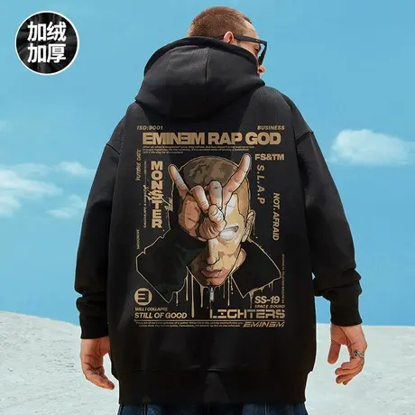 大码连帽美式潮牌胖子男装加绒加厚潮流宽松国潮情侣卫衣男秋冬季商品大图