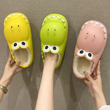 可爱恐龙棉拖鞋女秋冬季厚底防滑加绒保暖防水室内外穿半包跟拖鞋商品大图