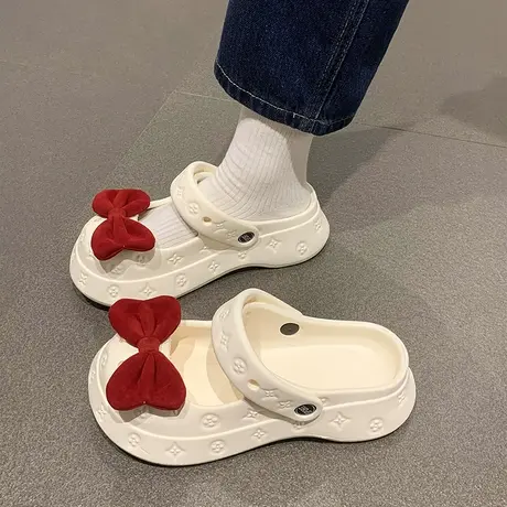 踩屎感洞洞鞋女外穿凉鞋夏季可爱蝴蝶结印花两穿防滑厚底包头拖鞋商品大图