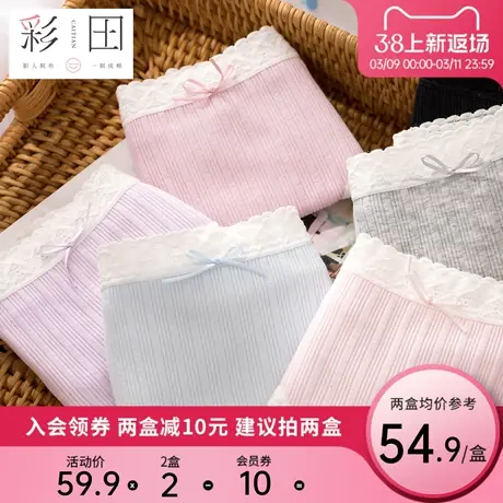 彩田内裤少女莫代尔棉女生纯欲中腰蝴蝶结条纹蕾丝性感底裆抗菌裤图片