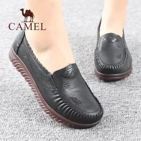 Camel/骆驼女鞋春夏季新款头层牛皮平底舒适休闲中年口妈妈单鞋子图片