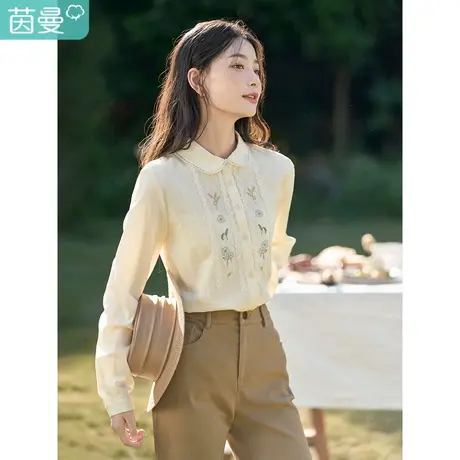 茵曼2023春装新款文艺田园精致复古绣花+花边长袖衬衫百搭衬衣女图片
