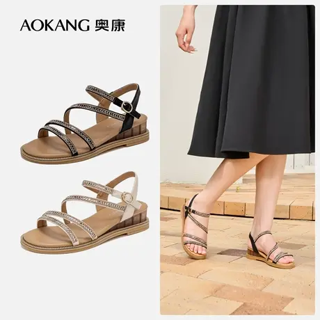 【罗马凉鞋】奥康 女鞋2025夏季水钻坡跟防滑一字带时装凉鞋图片