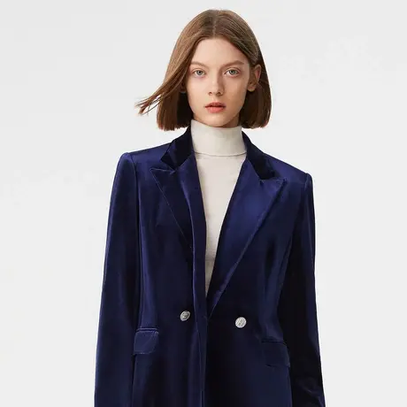 朗姿丝绒小西装女年冬季新品轻奢藏蓝色西服外套上衣女高级感图片