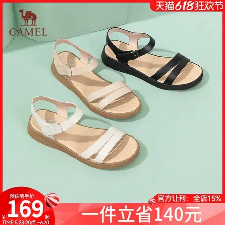 骆驼女鞋2024夏季新款一字带真皮软底妈妈凉鞋魔术贴厚底凉鞋女款商品大图