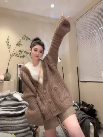2023秋冬美拉德穿搭高级感复古慵懒风加厚针织开衫百搭毛衣外套潮图片