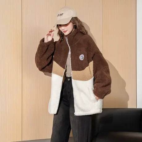 唐狮女外套冬季新款拼接仿羊羔毛立领加厚保暖外套超好看商品大图