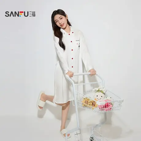 三福女秋季卡通翻领长袖睡裙 甜美刺绣宽松柔滑家居服504601商品大图