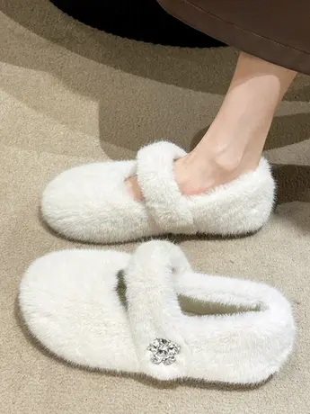 网红爆款浅口平底毛毛鞋子女2023秋冬新款温柔法式加绒玛丽珍棉鞋商品大图