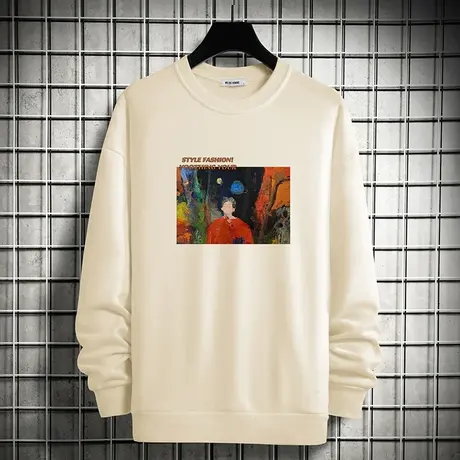 男士卫衣宽松潮流百搭保暖加绒加厚无帽上衣圆领潮牌印花长袖t恤商品大图