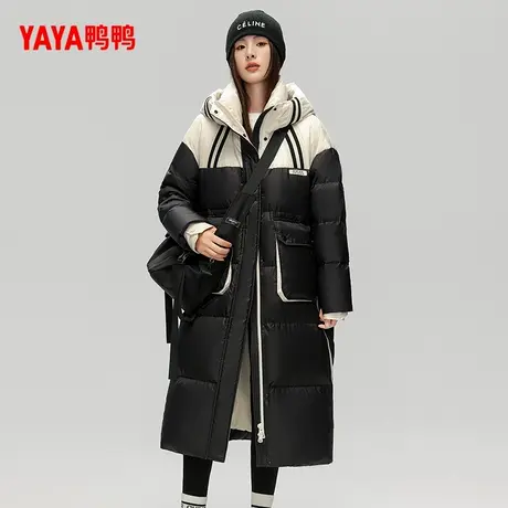 YAYA鸭鸭羽绒服女冬2024长款时尚运动风连帽撞色宽松休闲气质外套图片