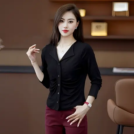 拉夏贝尔秋季褶皱长袖t恤女2025新款内搭打底衫时尚修身显瘦上衣商品大图