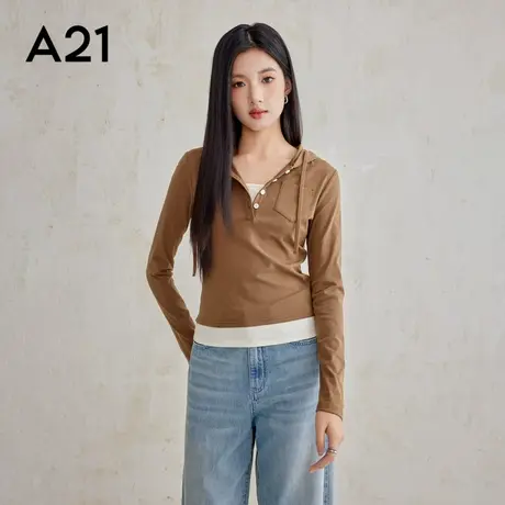 A21女装针织合体连帽半开筒长袖T恤假两件套头修身上衣打底衫商品大图