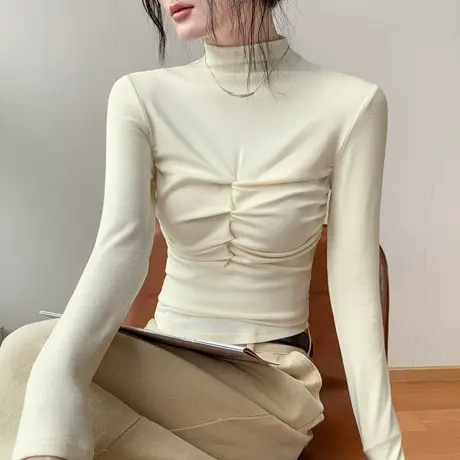 半高领抽皱设计感长袖T恤女2025秋季新款修身上衣正肩内搭打底衫商品大图